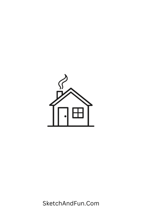 A doodle of a small house with a triangle roof and smoke, pen doodle sketches