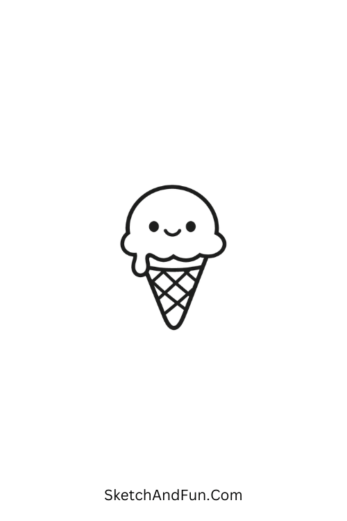 A drawing of a tiny melting ice cream cone with a smile, ice cream drawing easy