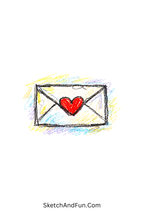 A doodle of a small envelope sealed with a red heart, colored pencil sketch doodles