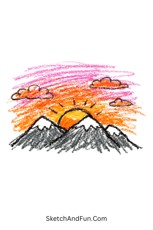 A doodle of small mountains with a glowing sunset, colored pencil art doodle collection
