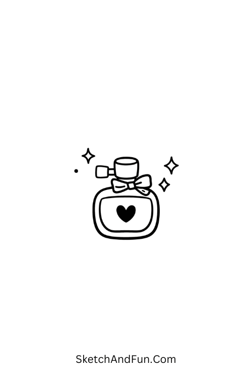 A doodle of a delicate perfume bottle with floating sparkles, coquette doodle aesthetic