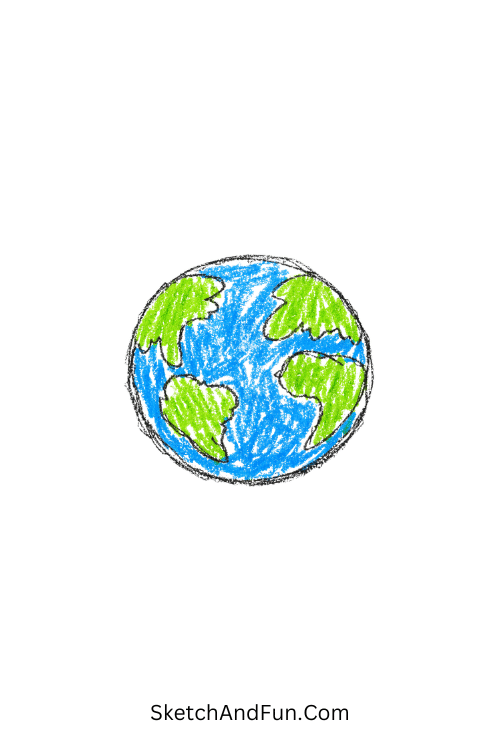 A doodle of a tiny planet Earth with blue oceans and green lands, cute colored pencil doodles