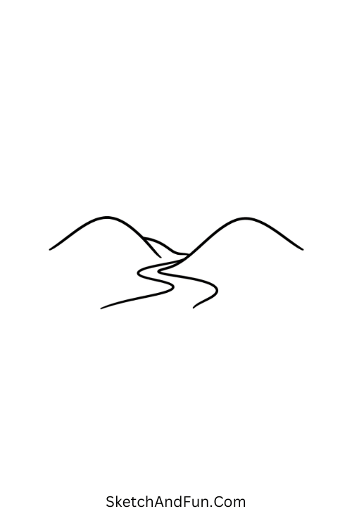 A drawing of a river flowing between two hills, river scenery drawing easy