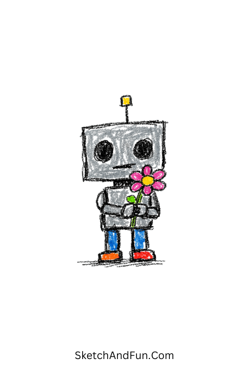 A doodle of a small robot gently holding a flower, minimal science doodles
