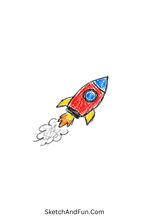 A doodle of a minimal rocket with flame and smoke trail, crayon doodle outlines free