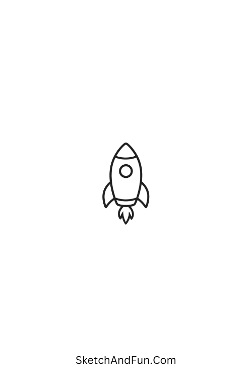 A doodle of a minimal rocket with small flame, little spooky doodles
