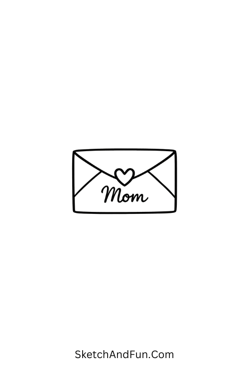 A drawing of a tiny envelope with heart seal labeled “Mom”, simple mother's day drawings