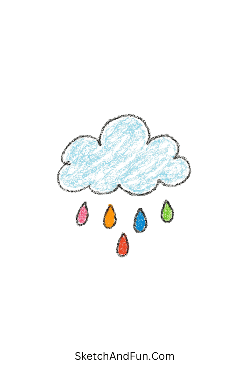 A doodle of a fluffy blue cloud with colorful raindrops below, easy watercolor doodles