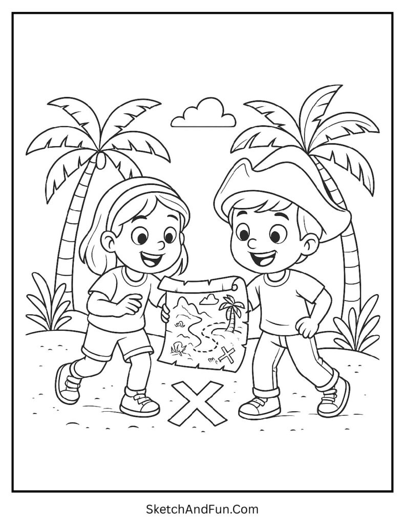 A coloring page of kids following a pirate treasure map near palm trees, beach coloring pages for kids