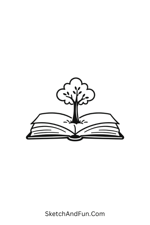 A drawing of a tree growing from an open book, tree drawing easy for kids