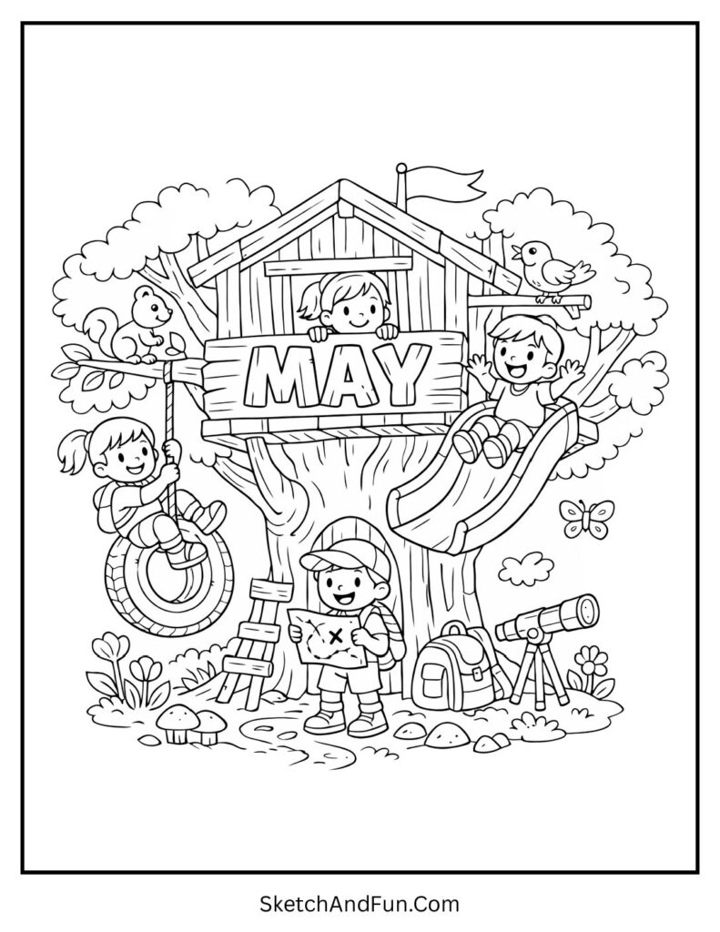 A coloring page of “May” carved in a treehouse with kids, May landscape coloring scenes