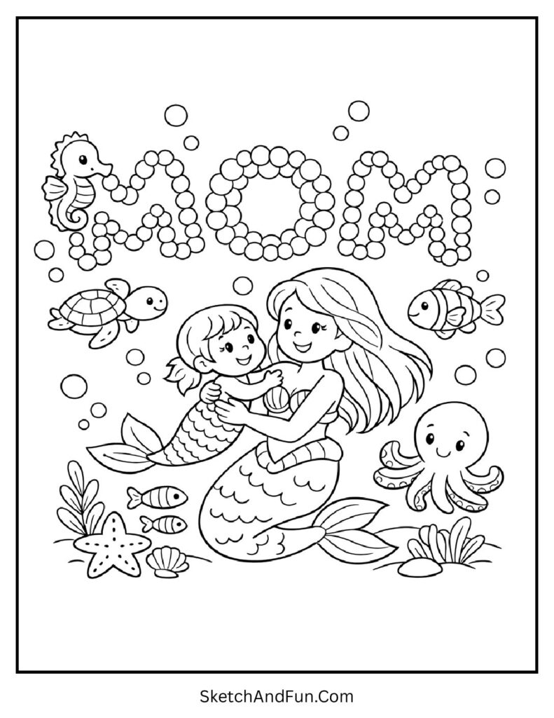 A coloring page of mermaid mom swimming with child and sea creatures, mothers day coloring pages for preschoolers