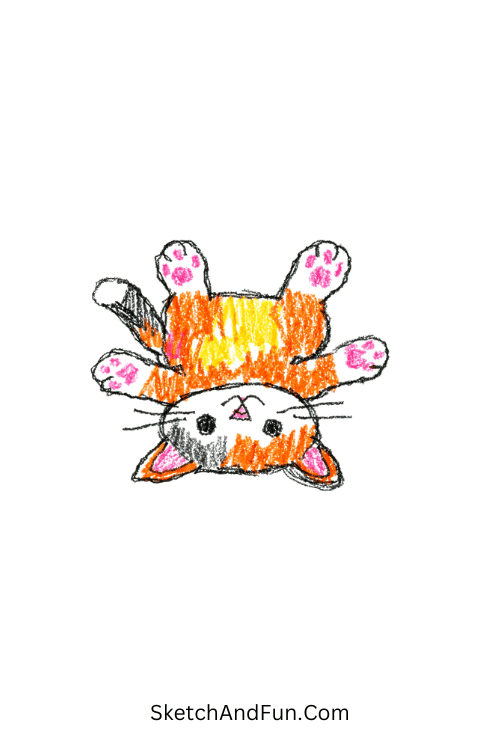 A doodle of a cat lying upside down with paws in the air, simple cartoon cat doodle