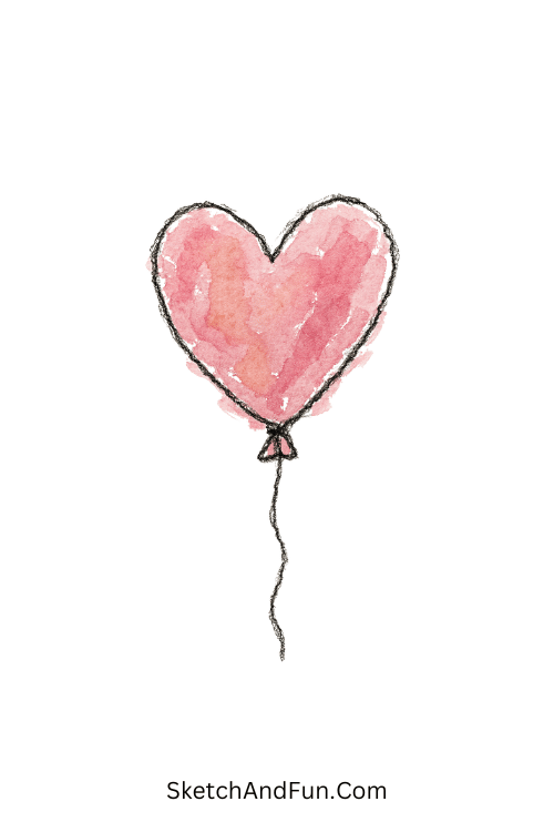A doodle of a pink heart balloon floating with a string, watercolor doodle step by step
