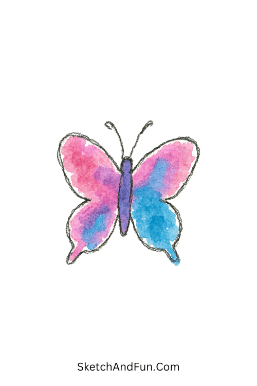 A doodle of a butterfly filled with pink purple and blue splashes, watercolor doodle art