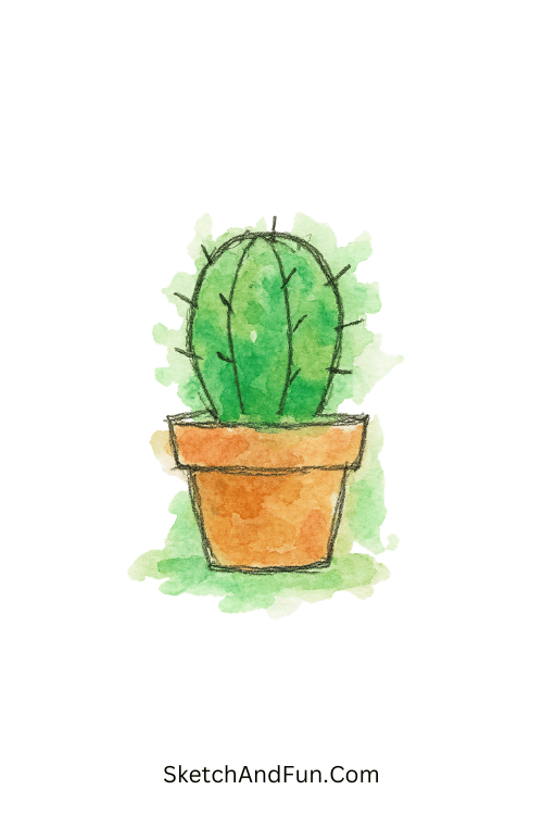 A doodle of a tiny cactus in a small pot with green washes, watercolor doodle plants