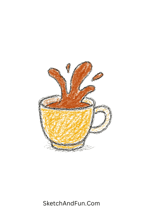 A doodle of a coffee cup with warm brown splash like steam, watercolor doodle inspiration