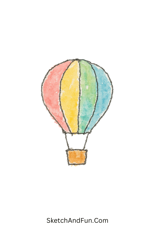 A doodle of a pastel hot air balloon floating in the sky, watercolor doodle drawing