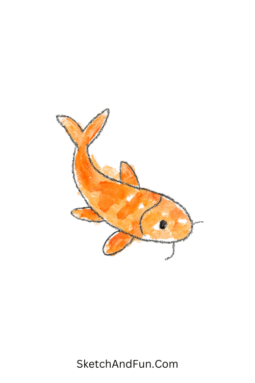 A doodle of a flowing orange koi fish underwater, watercolor doodle cute animals