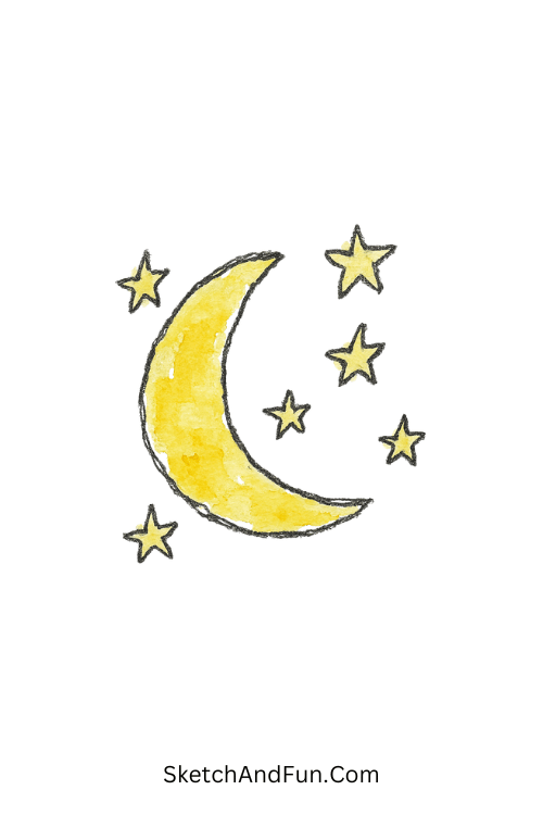 A doodle of a crescent moon with small stars around it, watercolor doodle tutorial