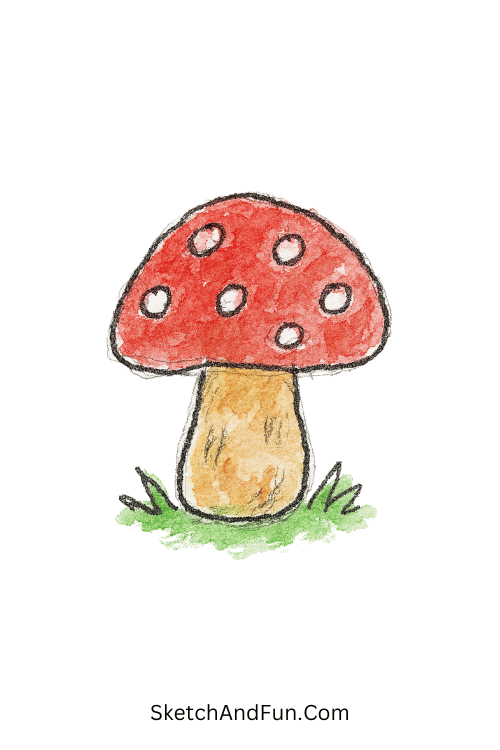 A doodle of a red mushroom with white spots, watercolor doodle ideas