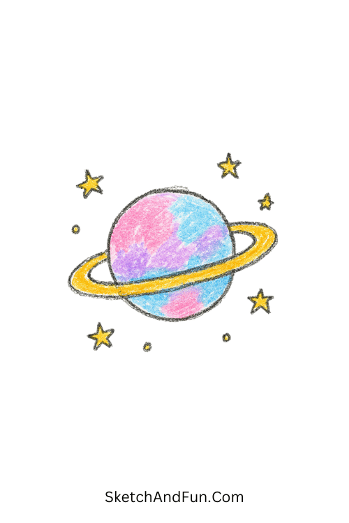 A doodle of a pastel planet with rings and tiny stars, watercolor doodle patterns