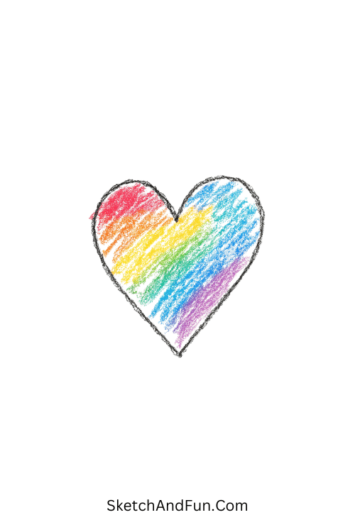 A doodle of a rainbow colored heart with soft watercolor blending, cute watercolor doodles