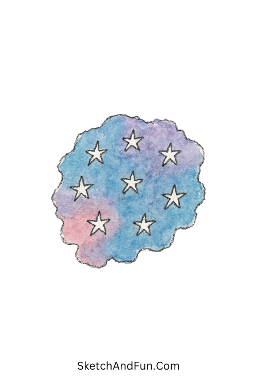 A doodle of a watercolor splash with tiny scattered stars, watercolor doodle clipart