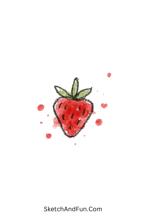 A doodle of a bright red strawberry with paint splatters, simple watercolor doodles