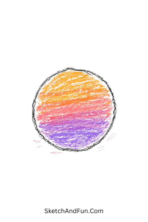 A doodle of a sunset circle with orange pink and purple colors, watercolor doodle aesthetic