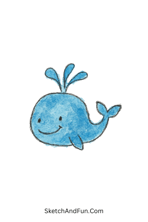 A doodle of a smiling whale with a tiny water splash, watercolor doodle animals