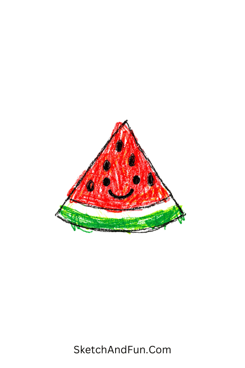 A doodle of a cheerful watermelon slice with black seeds, colored pencil doodle for kids
