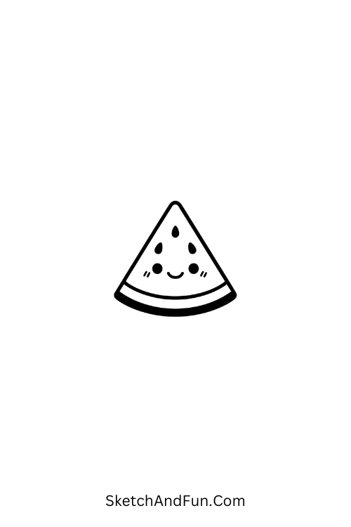 A drawing of a triangle watermelon slice with seeds and face, summer drawing with colour