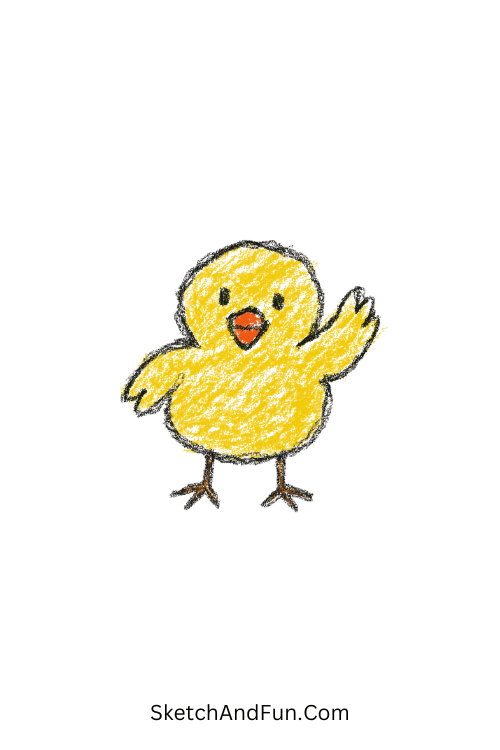 A drawing of a chick raising one wing as if waving, Easter chick drawing ideas for kids