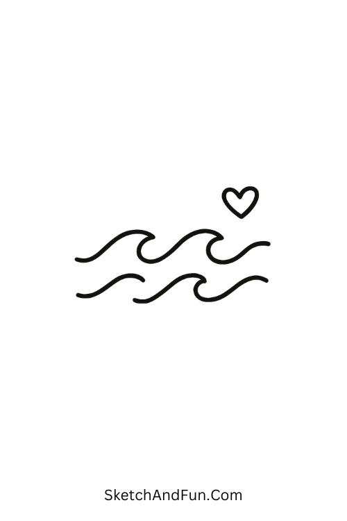 A doodle of three soft ocean waves with a tiny heart, beach wave doodle