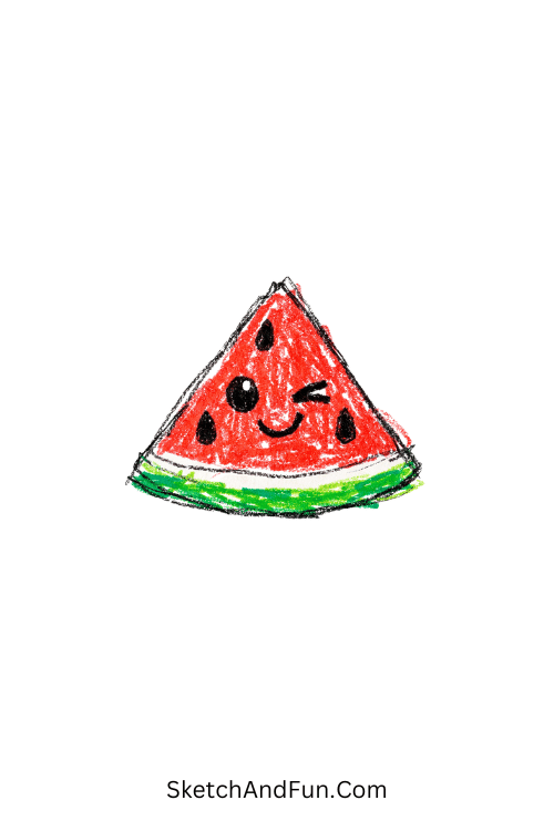 A winking watermelon slice with seeds, watermelon doodle drawing