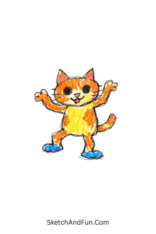 A doodle of a tiny cat dancing wobbly on two legs, funny cat doodle drawing
