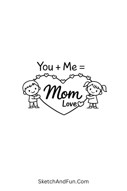 A drawing of tiny figures forming a heart around “Mom”, mother's day poster drawing ideas