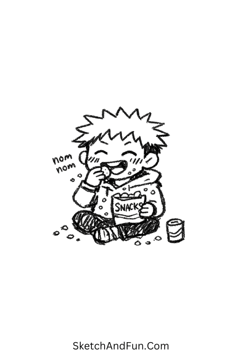 A doodle of Yuji happily eating snacks with crumbs around, jujutsu kaisen doodle prompts