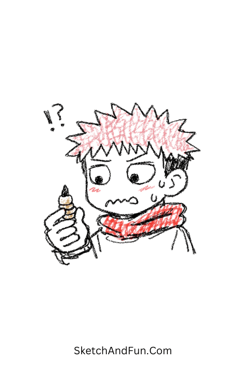 A doodle of Yuji nervously holding a tiny cursed finger, yuji itadori doodle sketch