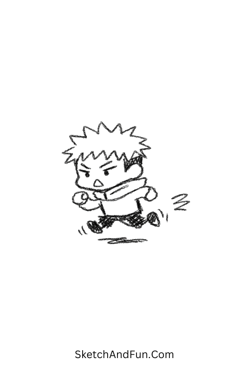 A doodle of Yuji running with tiny exaggerated legs, jujutsu kaisen sketches for kids