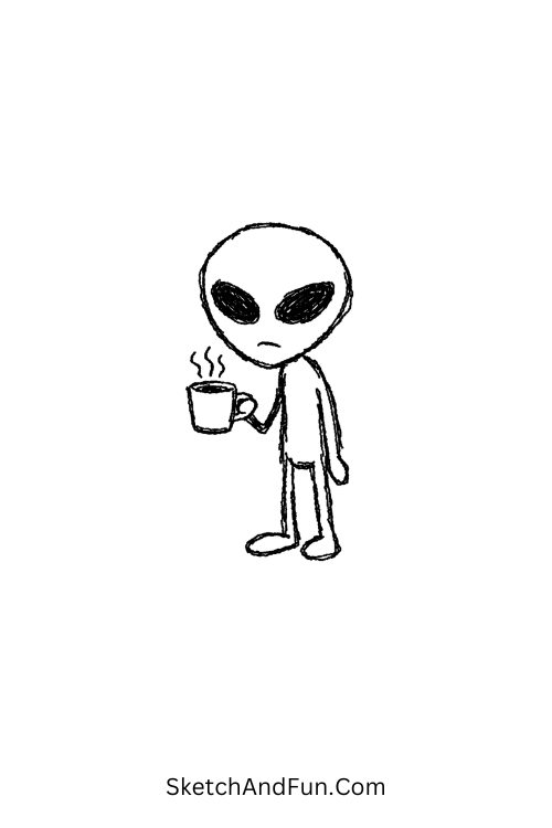 A doodle of an alien holding coffee cup, weird alien doodles
