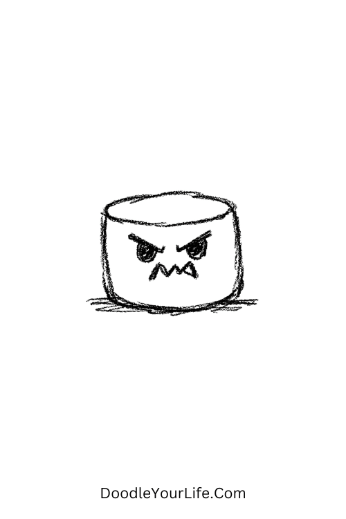 A doodle of a small marshmallow with an angry expression, silly doodle sketches