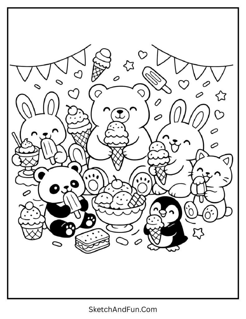 A coloring page of cute animals holding ice cream cones and popsicles, ice cream party coloring pages