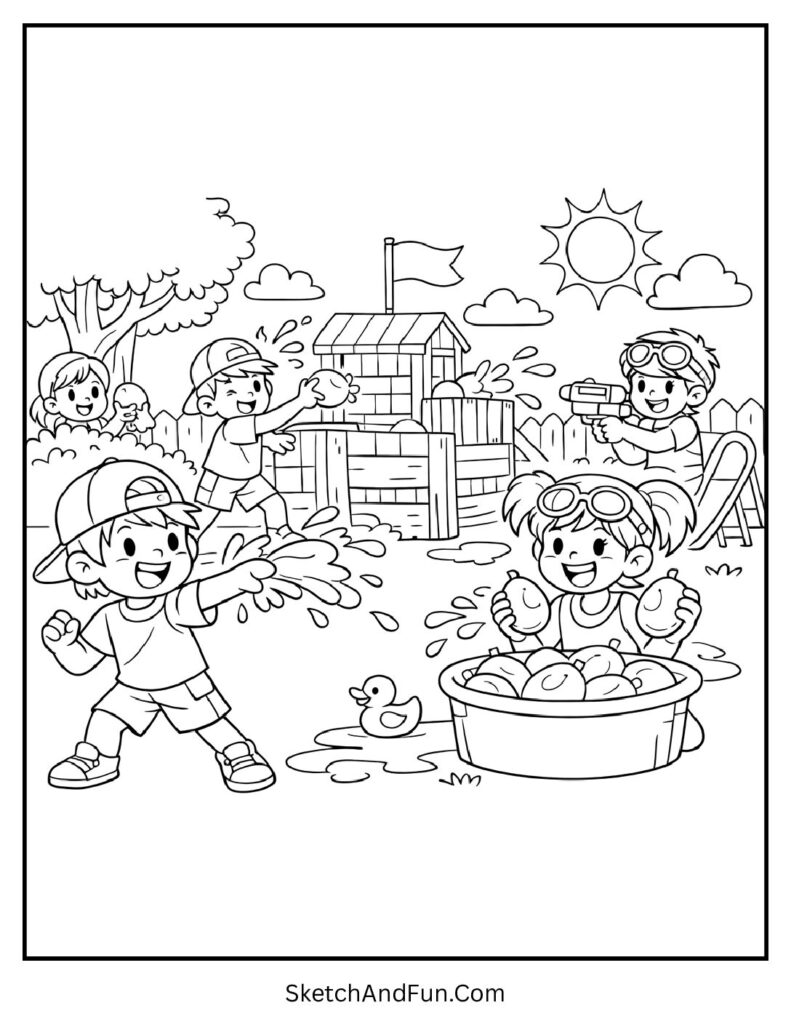 A coloring page of kids having a water balloon fight, free summer coloring pages pdf