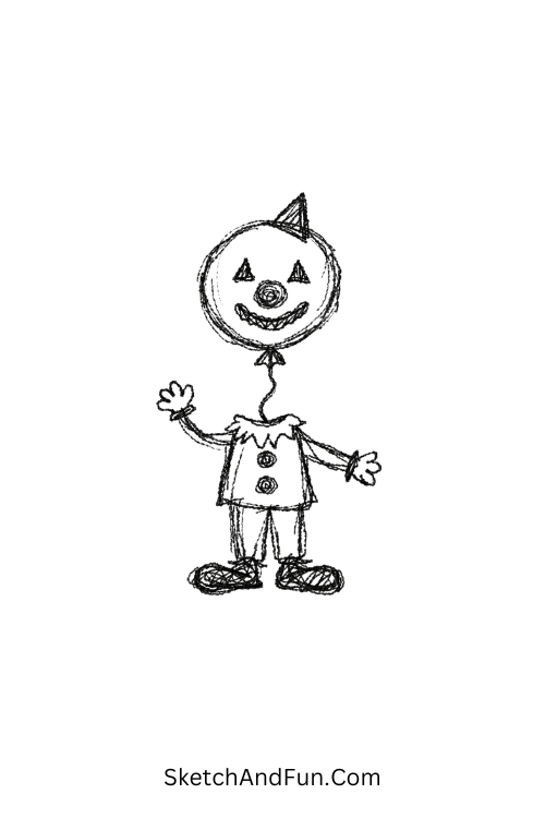 A doodle of a clown with a balloon head floating above a small body, cute clown doodle vector