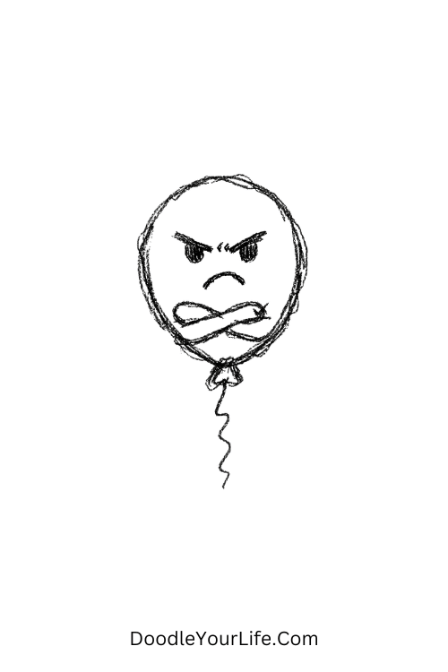 A doodle of a balloon crossing arms with an annoyed face, silly doodle characters