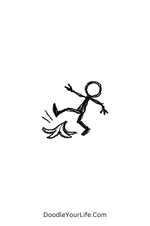 A doodle of a stick figure slipping on a banana peel, funny doodle designs