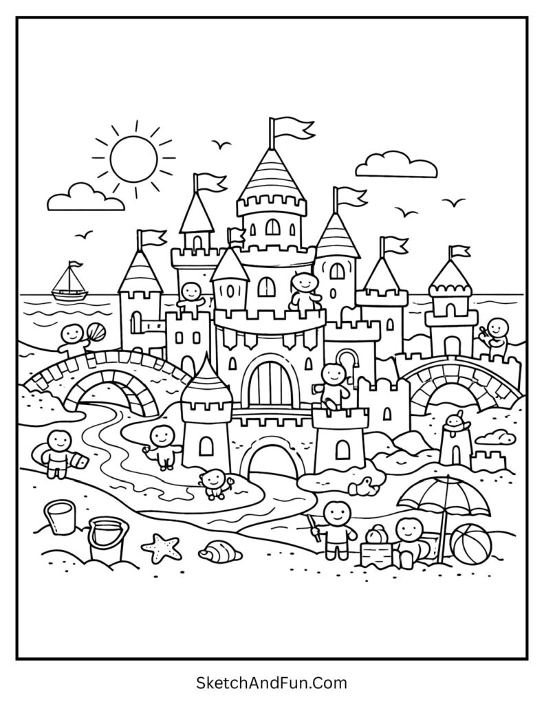 A coloring page of a magical sandcastle city on the beach, beach summer coloring pages
