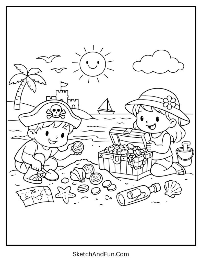 A coloring page of kids hunting for shells and coins on the beach, summer coloring sheets printable